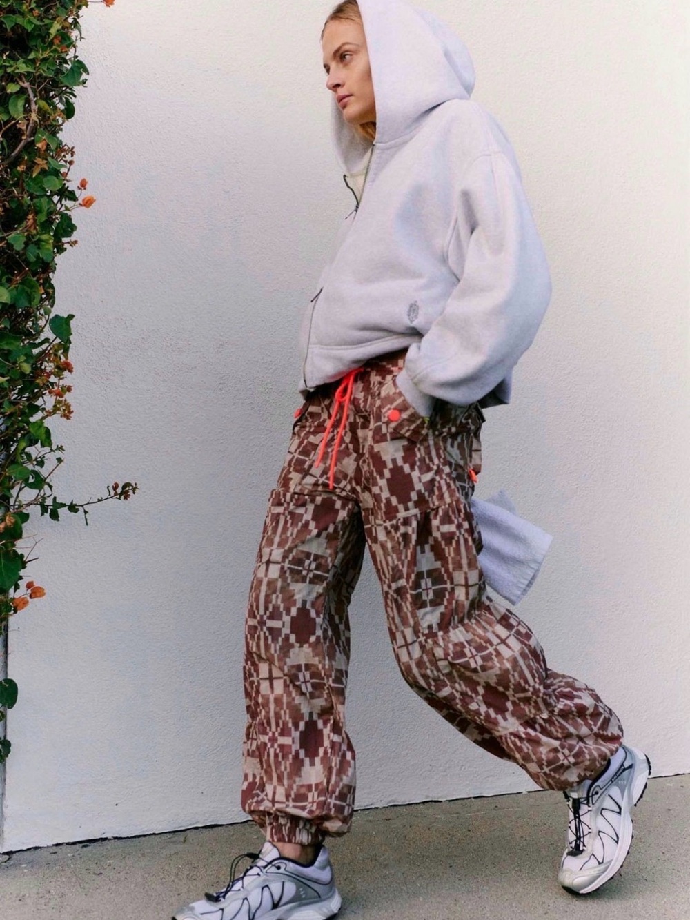Free People Brown Geo Print Track Pants with Red Drawstring